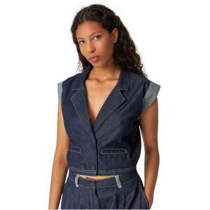 NWT SKFK Iduia-Gots Raw Denim Notched Collar Cap Sleeve Shirt EU 38 | US 6